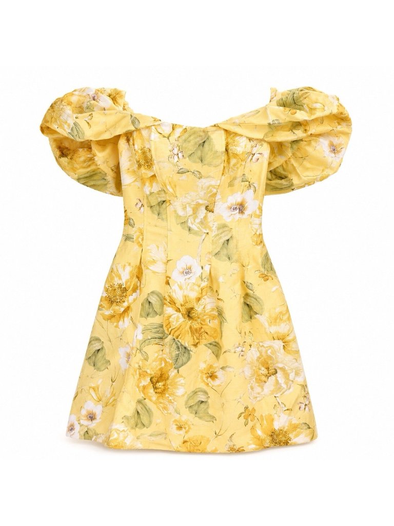 Ever New Jacquie Off Shoulder Mini Dress 0 Gold Floral Nwt Puff Sleeve Botanica